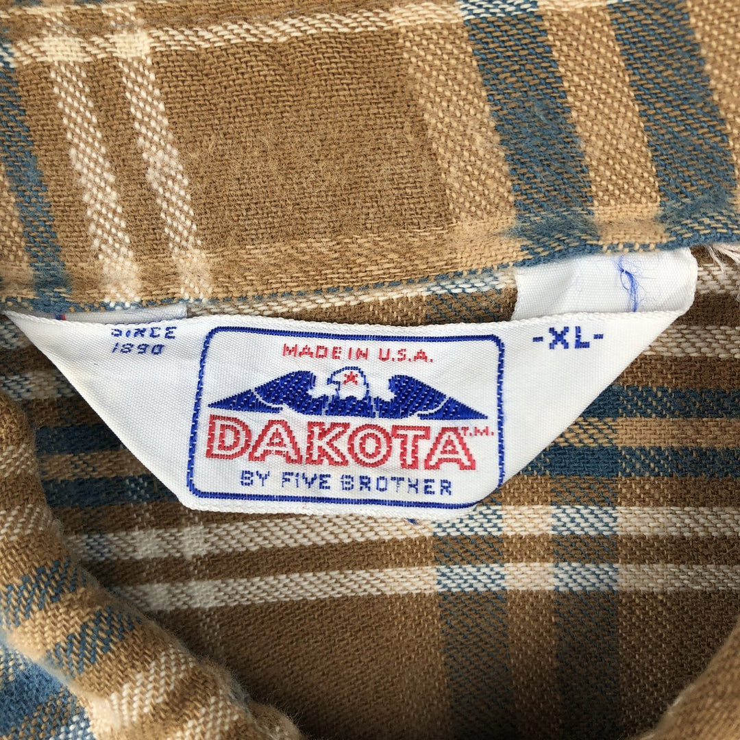 80'S Five Brother DAKOTA Check Pattern Long-Sleeve Flannel Check Shirt, Made in USA, Men's XL Equivalent, Vintage cotton Khaki type beige Vintage Second Hand