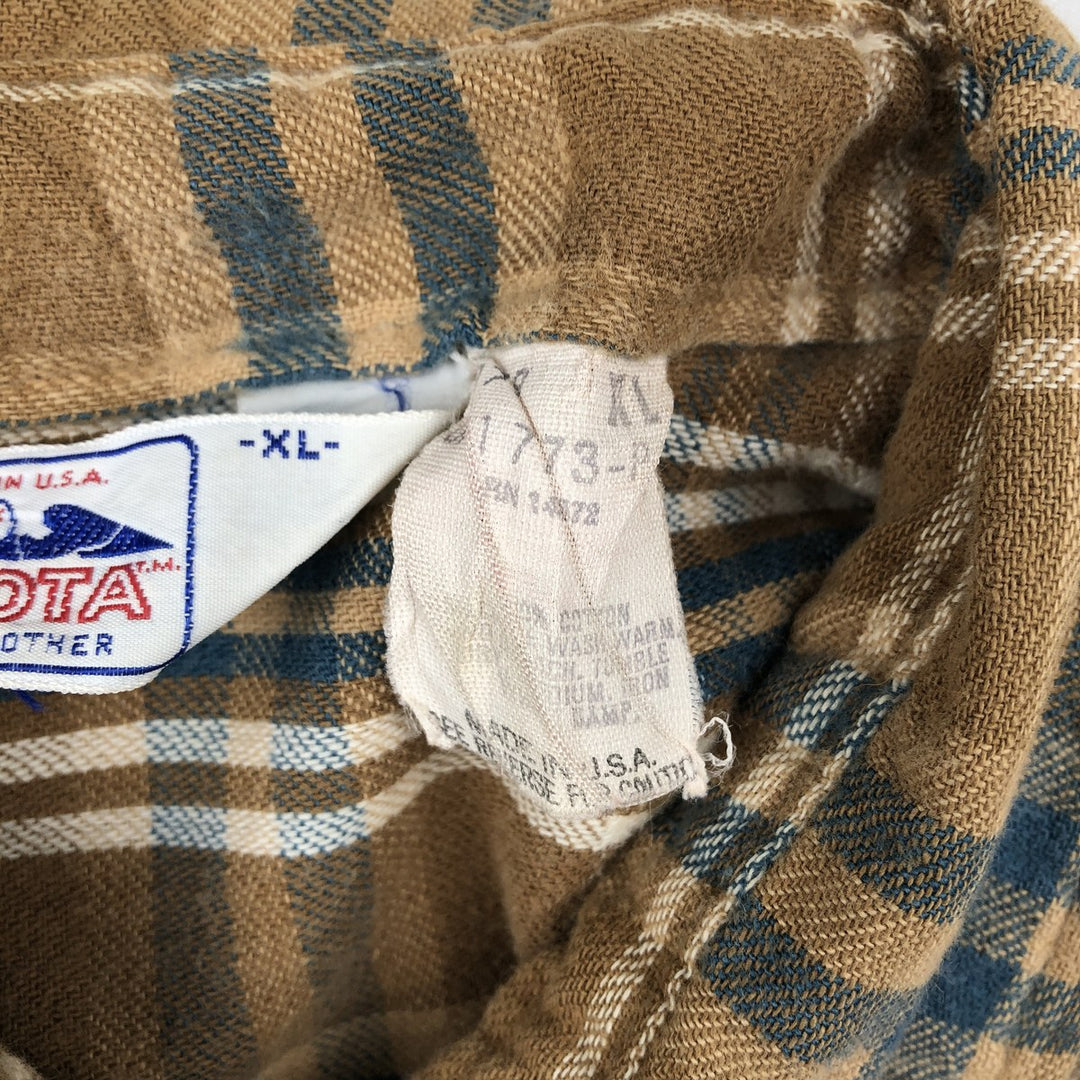 80'S Five Brother DAKOTA Check Pattern Long-Sleeve Flannel Check Shirt, Made in USA, Men's XL Equivalent, Vintage cotton Khaki type beige Vintage Second Hand