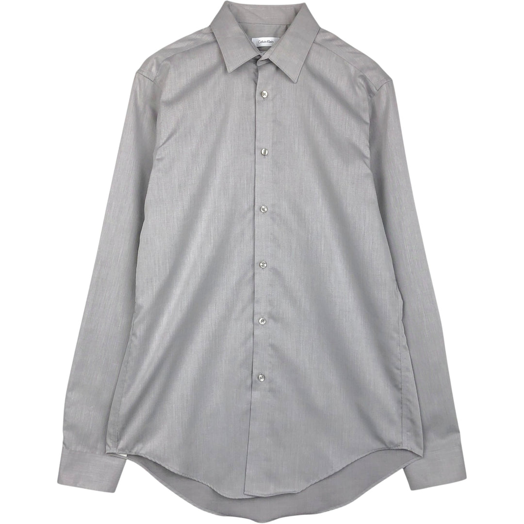2000'S Calvin Klein slim fit performance non-iron herringbone long-sleeved cotton shirt, men's size M. cotton gray type Vintage Second Hand