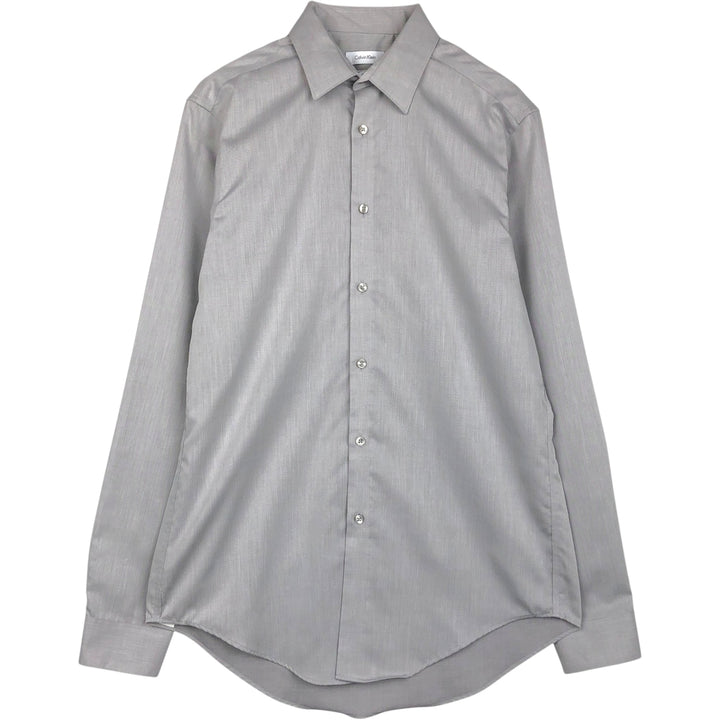 2000'S Calvin Klein slim fit performance non-iron herringbone long-sleeved cotton shirt, men's size M. cotton gray type Vintage Second Hand
