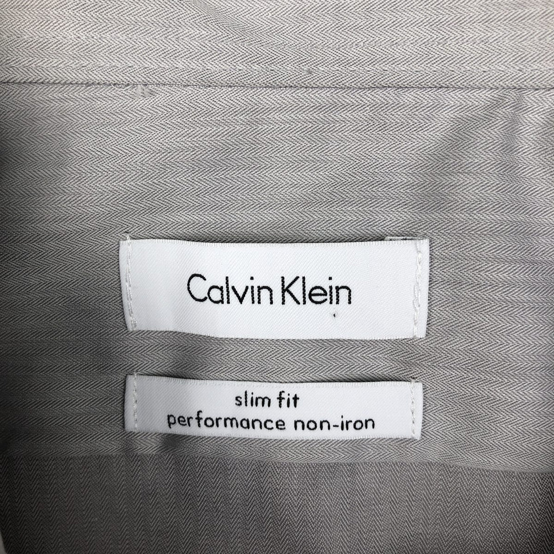 2000'S Calvin Klein slim fit performance non-iron herringbone long-sleeved cotton shirt, men's size M. cotton gray type Vintage Second Hand