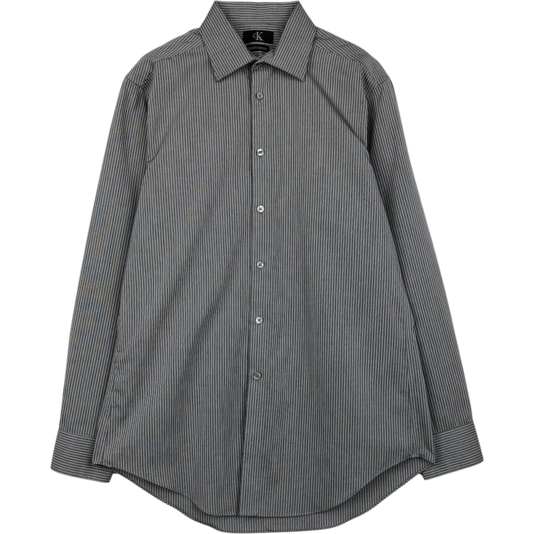 90s-00'S Calvin Klein wide-collar long-sleeved cotton striped shirt, men's size M (approx.), vintage. cotton gray type Vintage Second Hand