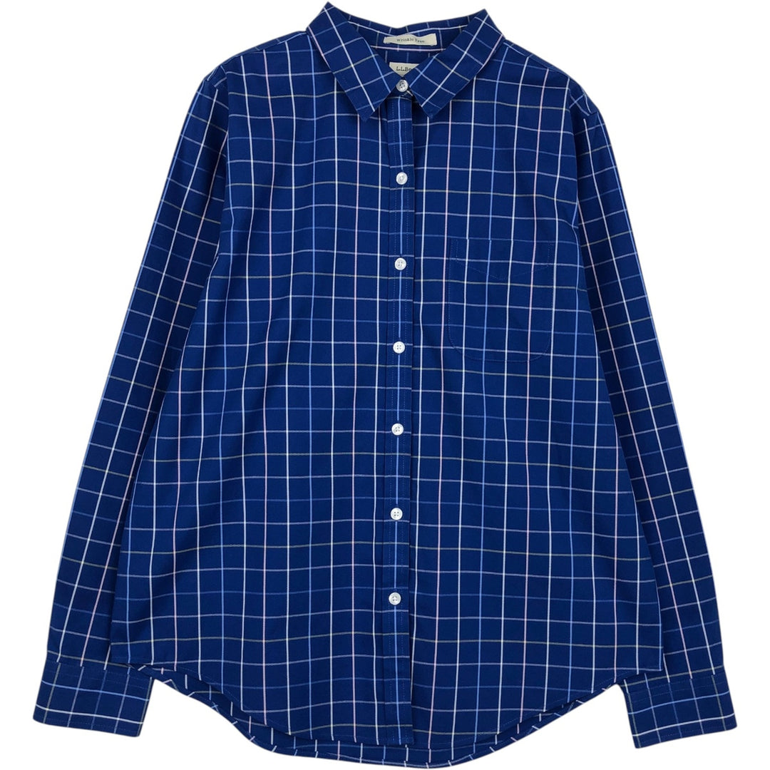 LLBean Wrinkle Free Long-Sleeve Cotton Check Shirt, Women's Size M (approx.) cotton Navy blue Vintage Second Hand
