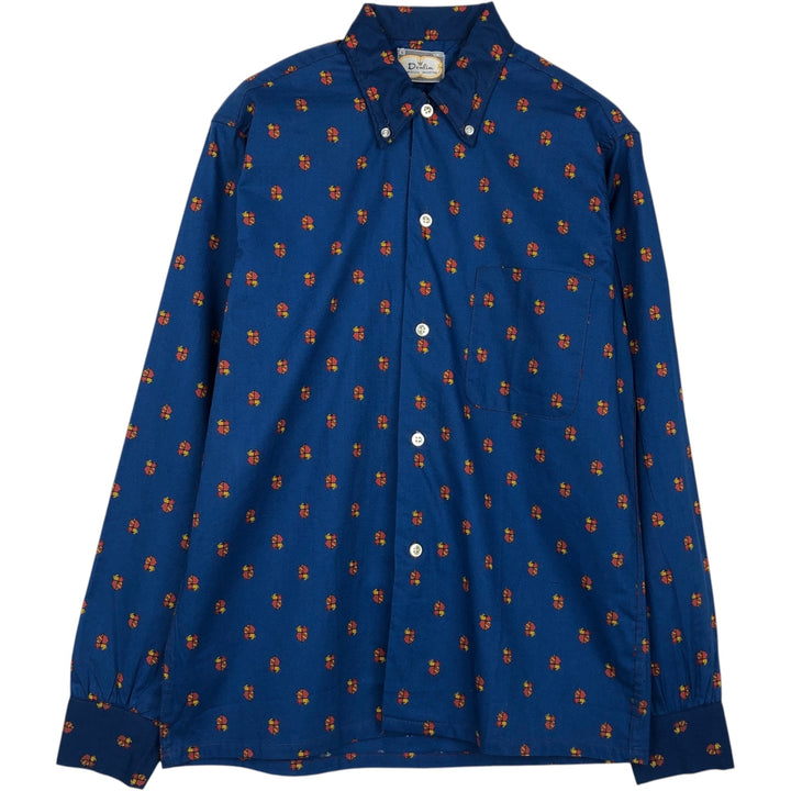 Donlin all-over print long-sleeved button-down shirt, boxy style, made in USA, men's size S equivalent, vintage. cotton blue type Vintage Second Hand