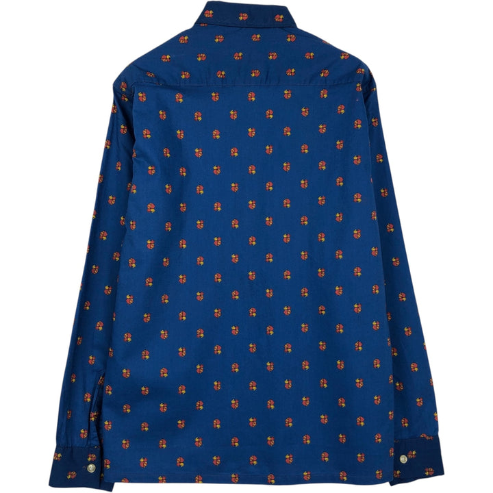 Donlin all-over print long-sleeved button-down shirt, boxy style, made in USA, men's size S equivalent, vintage. cotton blue type Vintage Second Hand