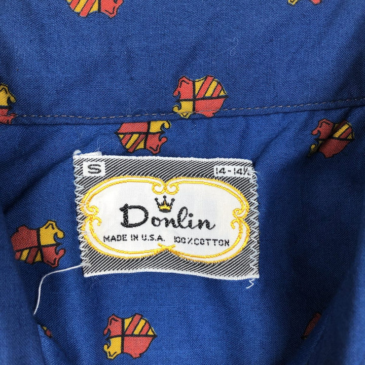 Donlin all-over print long-sleeved button-down shirt, boxy style, made in USA, men's size S equivalent, vintage. cotton blue type Vintage Second Hand