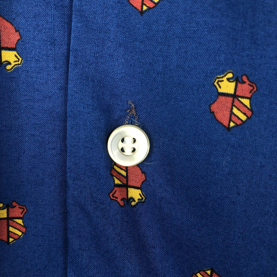 Donlin all-over print long-sleeved button-down shirt, boxy style, made in USA, men's size S equivalent, vintage. cotton blue type Vintage Second Hand