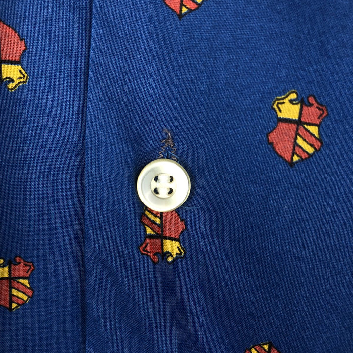 Donlin all-over print long-sleeved button-down shirt, boxy style, made in USA, men's size S equivalent, vintage. cotton blue type Vintage Second Hand