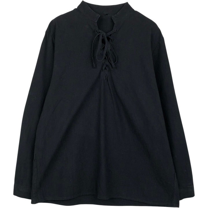 Lace-up stand-collar long-sleeve pullover shirt tunic (women's size L equivalent) cotton black type Vintage Second Hand