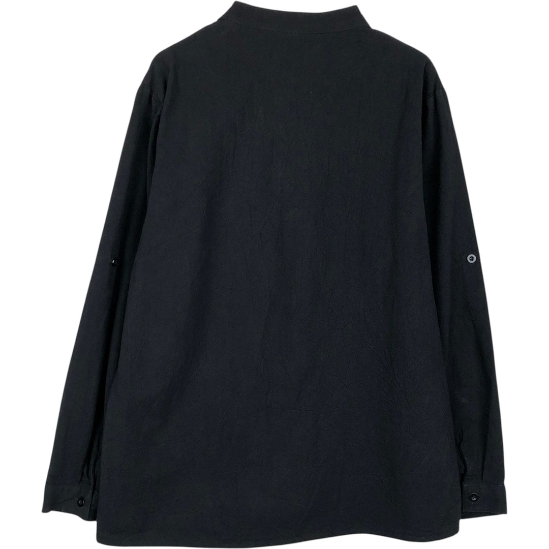 Lace-up stand-collar long-sleeve pullover shirt tunic (women's size L equivalent) cotton black type Vintage Second Hand