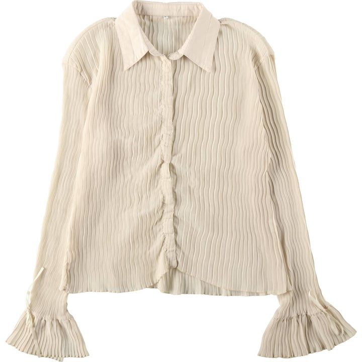 Pleated long-sleeved blouse, women's size L (approx.) polyester Beige type Vintage Second Hand
