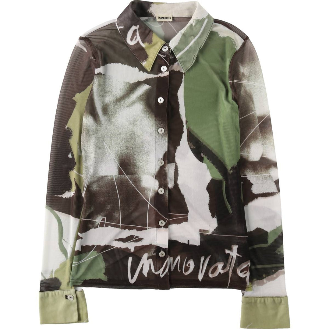 INAMORATA All-over print long-sleeved sheer shirt, boxy shirt, made in USA, women's size S equivalent. polyester Khaki type Vintage Second Hand