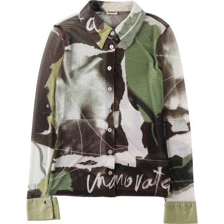INAMORATA All-over print long-sleeved sheer shirt, boxy shirt, made in USA, women's size S equivalent. polyester Khaki type Vintage Second Hand