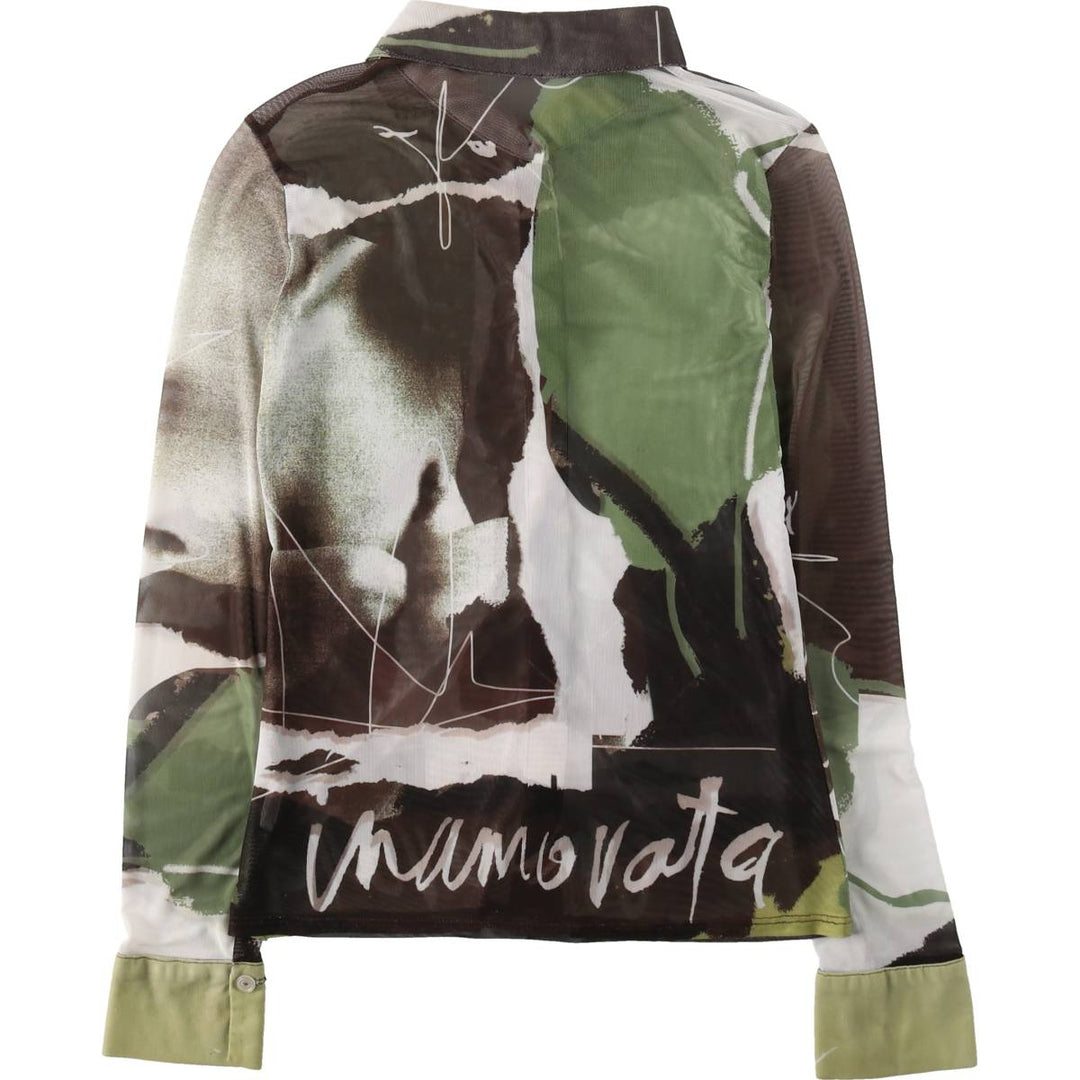INAMORATA All-over print long-sleeved sheer shirt, boxy shirt, made in USA, women's size S equivalent. polyester Khaki type Vintage Second Hand