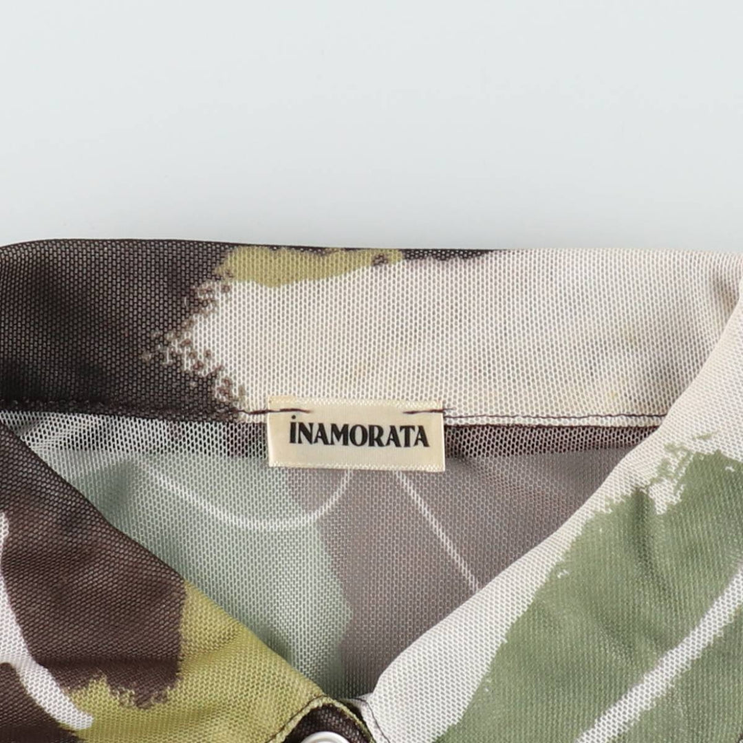 INAMORATA All-over print long-sleeved sheer shirt, boxy shirt, made in USA, women's size S equivalent. polyester Khaki type Vintage Second Hand