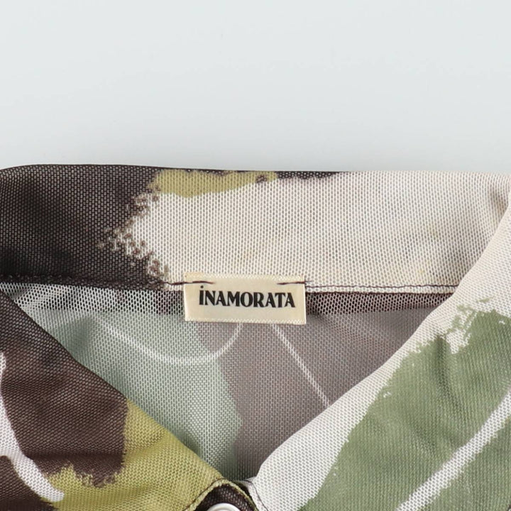 INAMORATA All-over print long-sleeved sheer shirt, boxy shirt, made in USA, women's size S equivalent. polyester Khaki type Vintage Second Hand