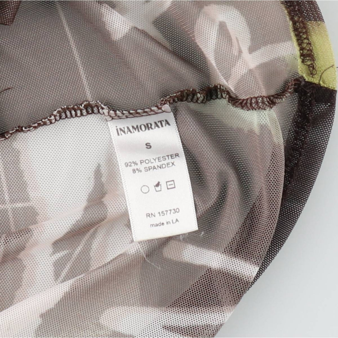 INAMORATA All-over print long-sleeved sheer shirt, boxy shirt, made in USA, women's size S equivalent. polyester Khaki type Vintage Second Hand