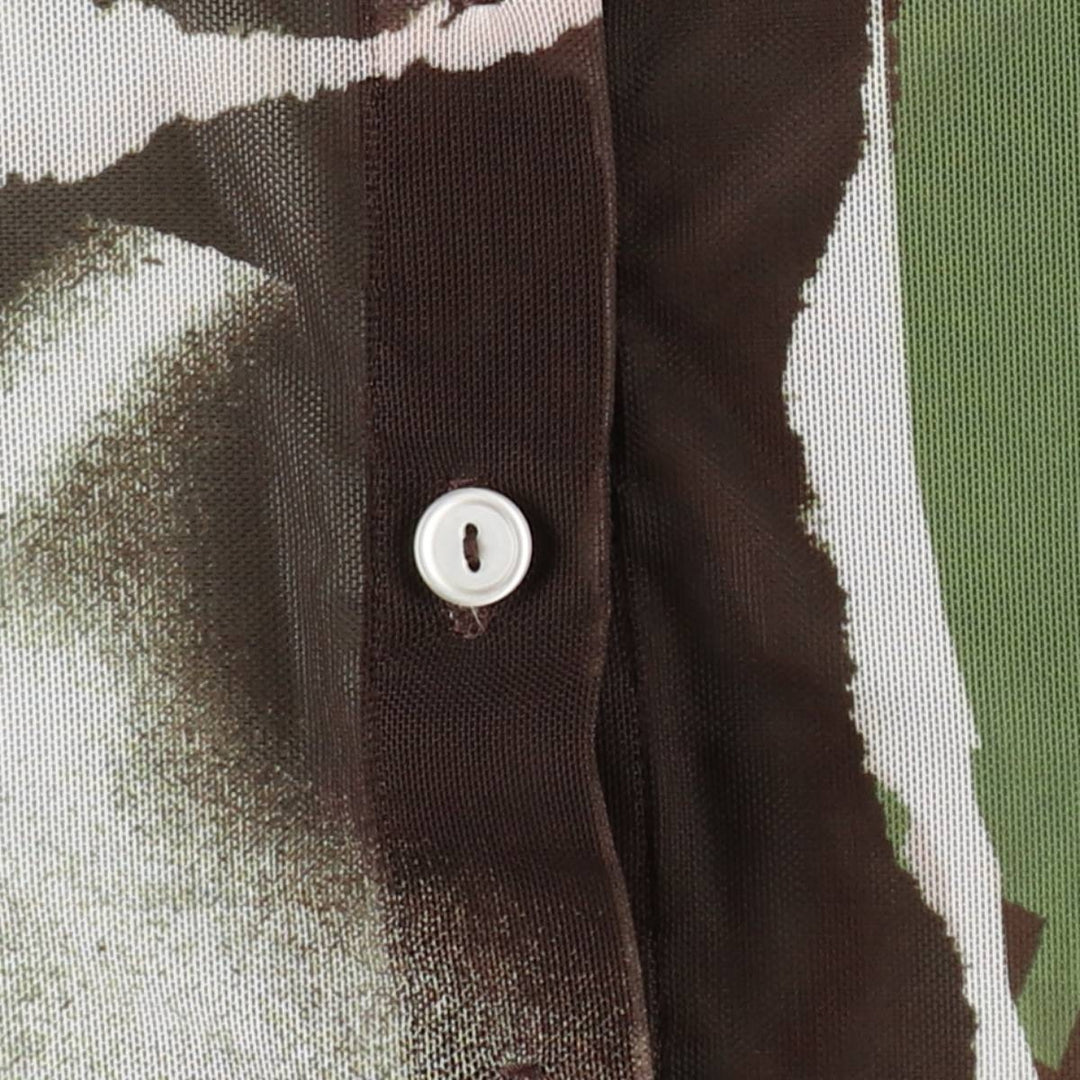 INAMORATA All-over print long-sleeved sheer shirt, boxy shirt, made in USA, women's size S equivalent. polyester Khaki type Vintage Second Hand