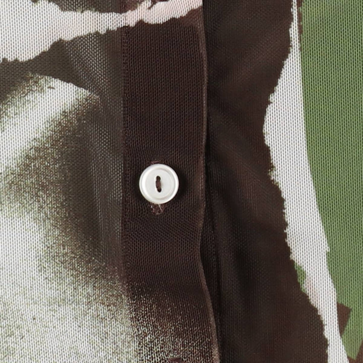 INAMORATA All-over print long-sleeved sheer shirt, boxy shirt, made in USA, women's size S equivalent. polyester Khaki type Vintage Second Hand