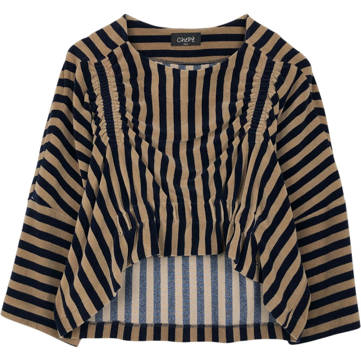 chape Stripe Pattern Boat Neck Fishtail Long T-Shirt, Made in Italy, Women's Size M (approx.) polyester brown type Vintage Second Hand