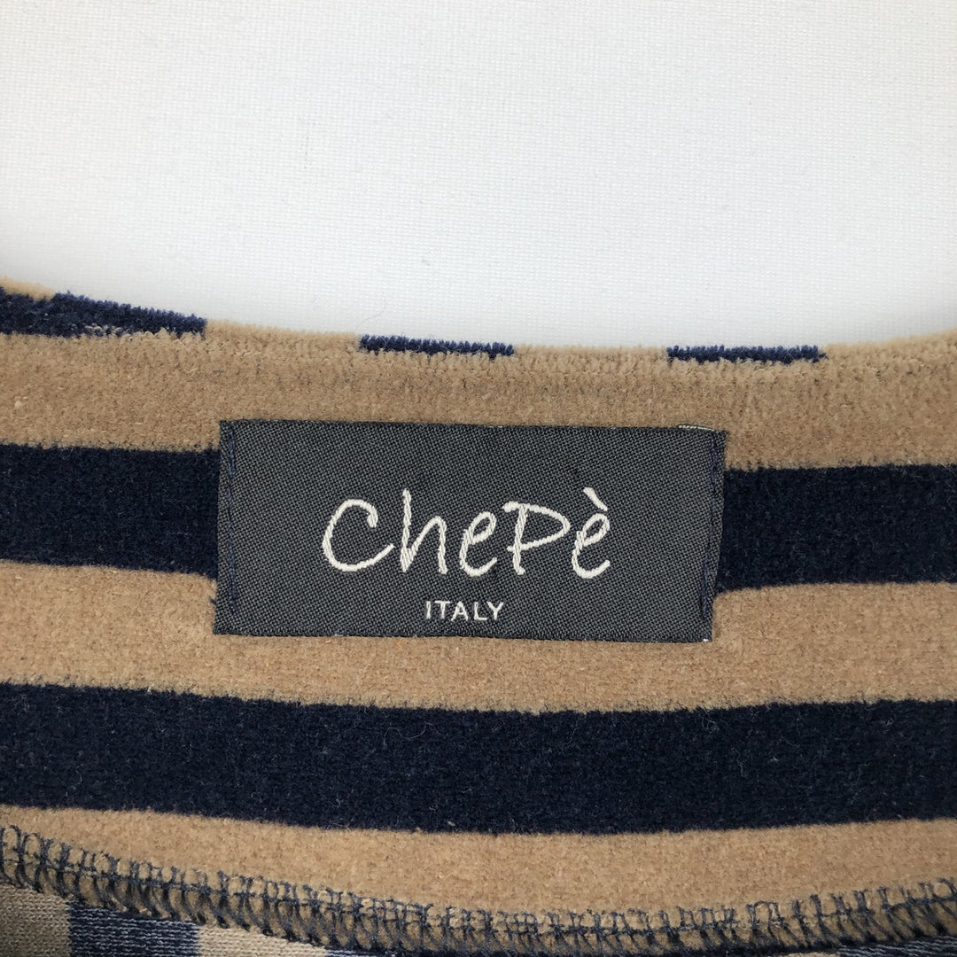 chape Stripe Pattern Boat Neck Fishtail Long T-Shirt, Made in Italy, Women's Size M (approx.) polyester brown type Vintage Second Hand