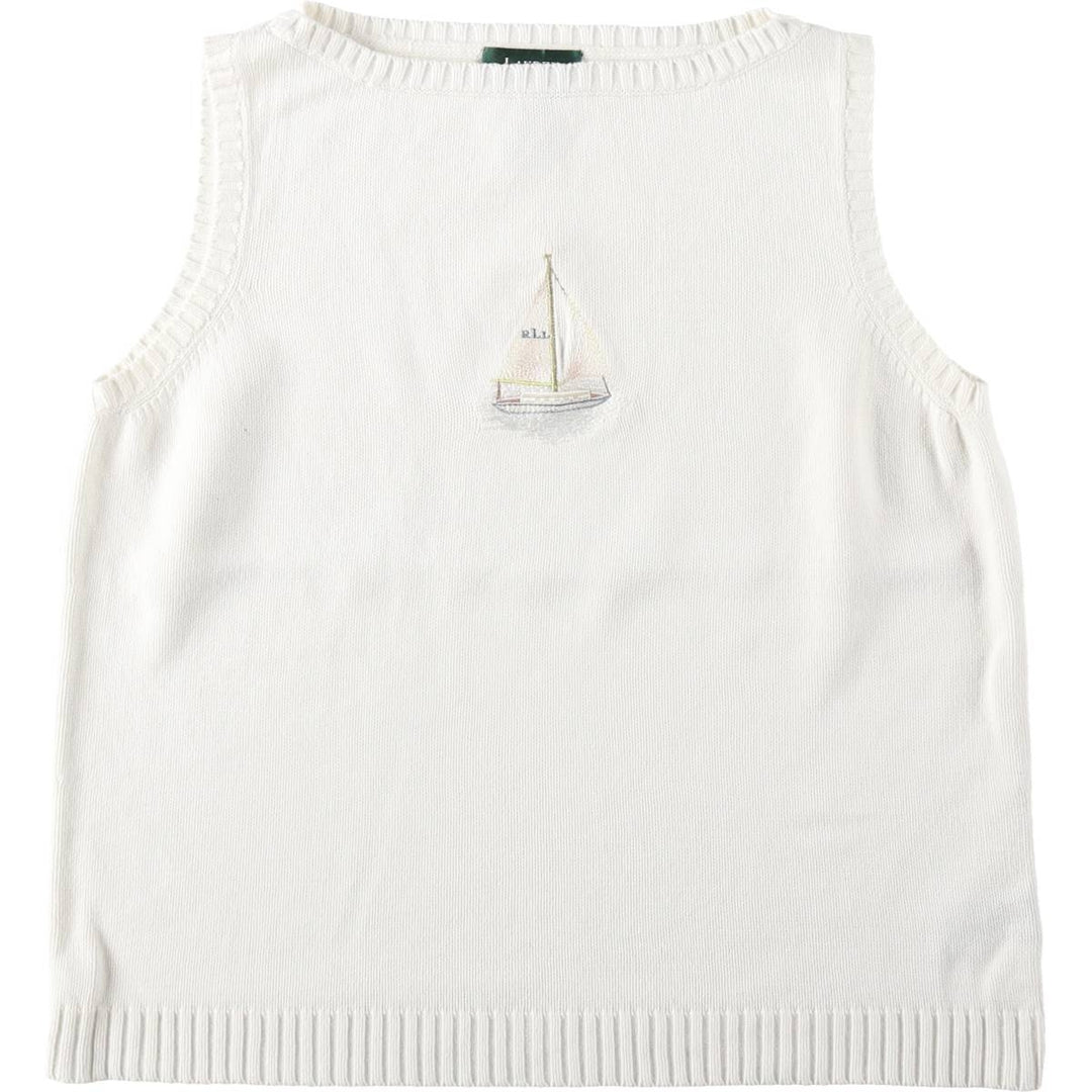 Ralph Lauren boat neck cotton knit vest, women's size XL (approx.) cotton white type Vintage Second Hand
