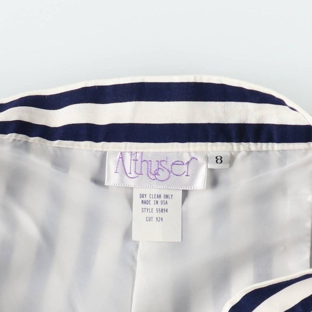 Althuser Stripe Pattern Three-Pleat Cotton Shorts, Made in USA, Women's Size L (W28 equivalent) cotton white type Vintage Second Hand