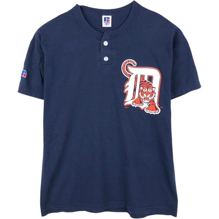 90'S Russell MLB Detroit Tigers Henley Neck Sports Print T-Shirt, Men's Size M (approx.), Vintage cotton navy blue type Vintage Second Hand