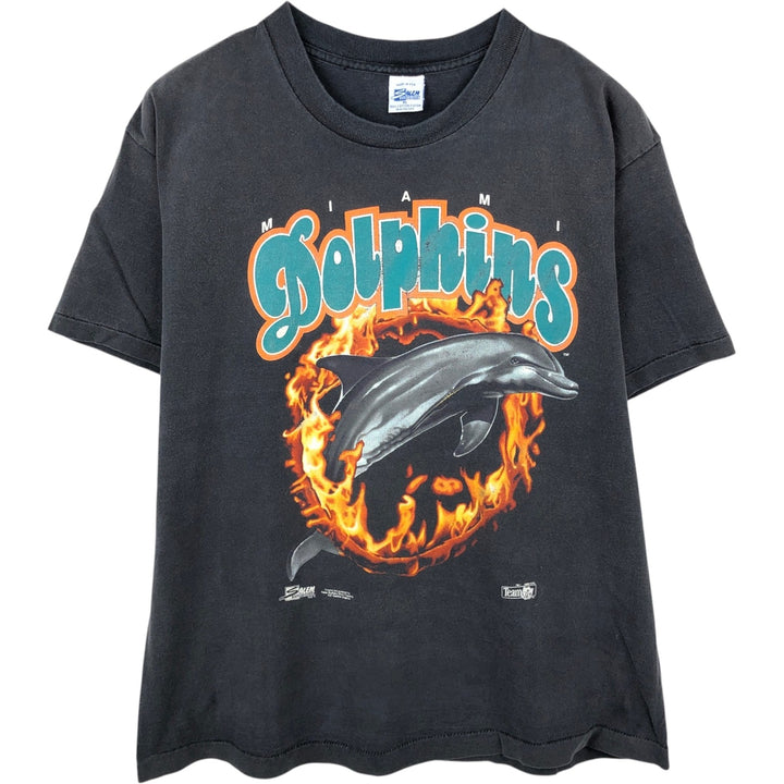 90'S SALEM NFL Miami Dolphins Fire Pattern Sports Print T-Shirt, Made in USA, Men's XL equivalent, Vintage cotton Charcoal Vintage Second Hand
