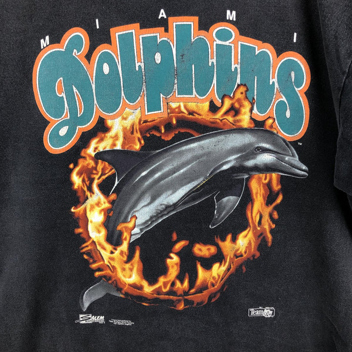 90'S SALEM NFL Miami Dolphins Fire Pattern Sports Print T-Shirt, Made in USA, Men's XL equivalent, Vintage cotton Charcoal Vintage Second Hand