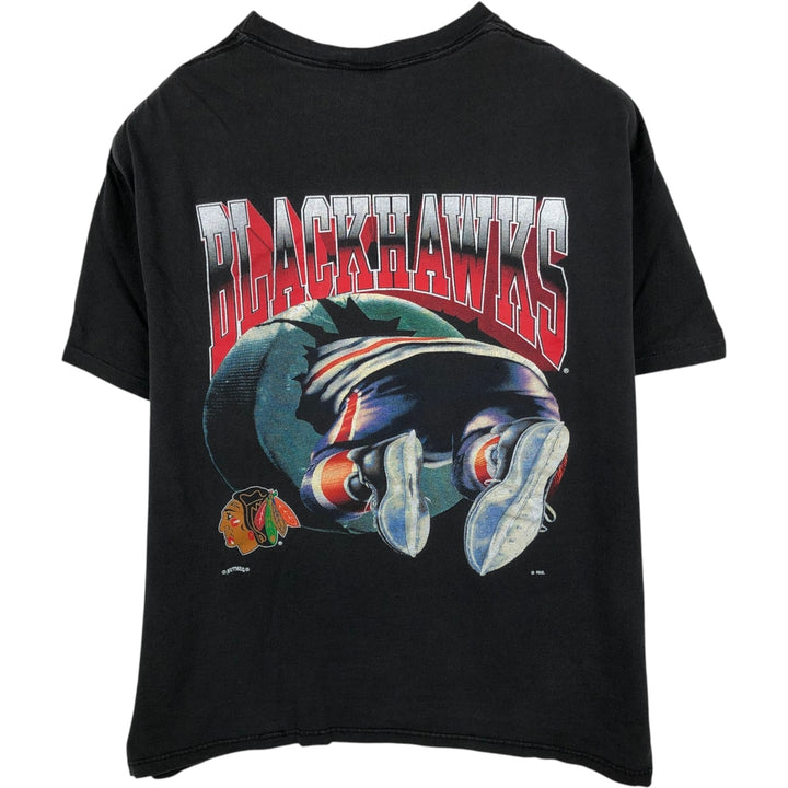 90'S NUTMEG NHL CHICAGO BLACKHAWKS Sports Print T-Shirt, Made in USA, Men's Size L (approx.), Vintage cotton black type Vintage Second Hand