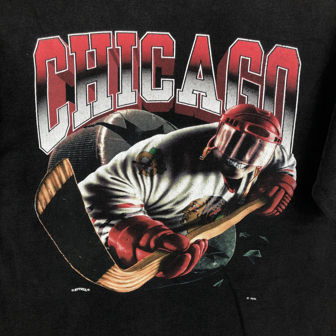 90'S NUTMEG NHL CHICAGO BLACKHAWKS Sports Print T-Shirt, Made in USA, Men's Size L (approx.), Vintage cotton black type Vintage Second Hand