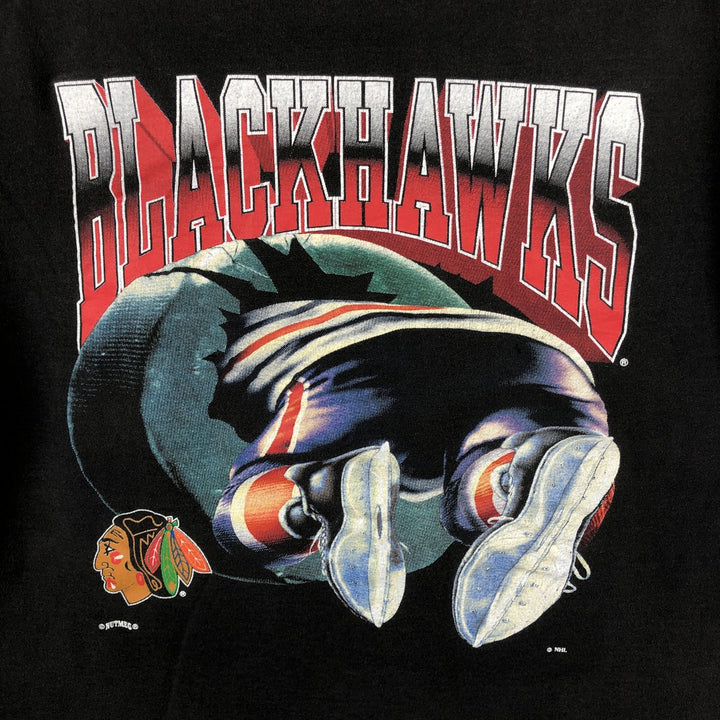90'S NUTMEG NHL CHICAGO BLACKHAWKS Sports Print T-Shirt, Made in USA, Men's Size L (approx.), Vintage cotton black type Vintage Second Hand