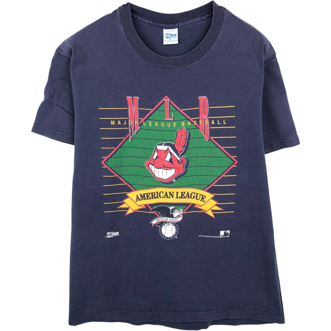 90'S SALEM MLB CLEVELAND INDIANS sports print T-shirt, Made in USA, Men's XL equivalent. cotton navy blue type Vintage Second Hand