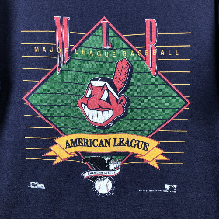 90'S SALEM MLB CLEVELAND INDIANS sports print T-shirt, Made in USA, Men's XL equivalent. cotton navy blue type Vintage Second Hand