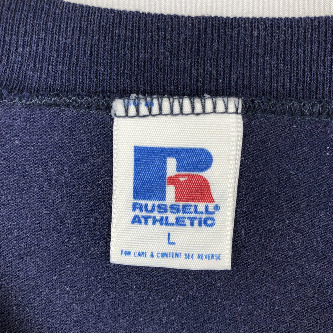 90'S Russell V-neck printed t-shirt, men's size L equivalent, vintage. polyester navy blue type Vintage Second Hand