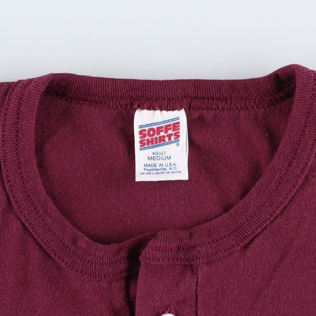 90'S Sophie Henley Neck College T-Shirt, Made in USA, Men's Size M (Equivalent), Vintage polyester wine-red Vintage Second Hand