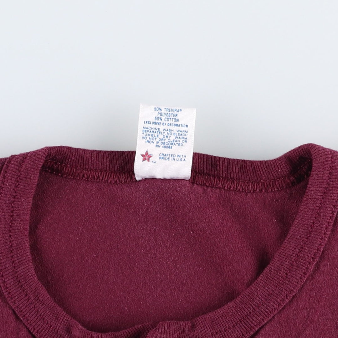 90'S Sophie Henley Neck College T-Shirt, Made in USA, Men's Size M (Equivalent), Vintage polyester wine-red Vintage Second Hand