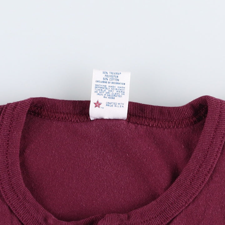 90'S Sophie Henley Neck College T-Shirt, Made in USA, Men's Size M (Equivalent), Vintage polyester wine-red Vintage Second Hand