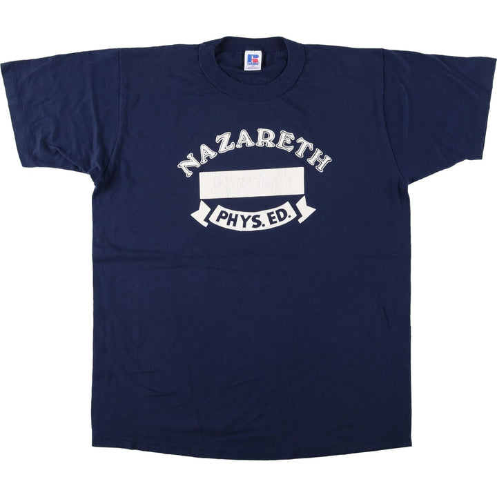 90'S Russell College T-shirt, Made in USA, Men's L size, Vintage polyester navy blue type Vintage Second Hand
