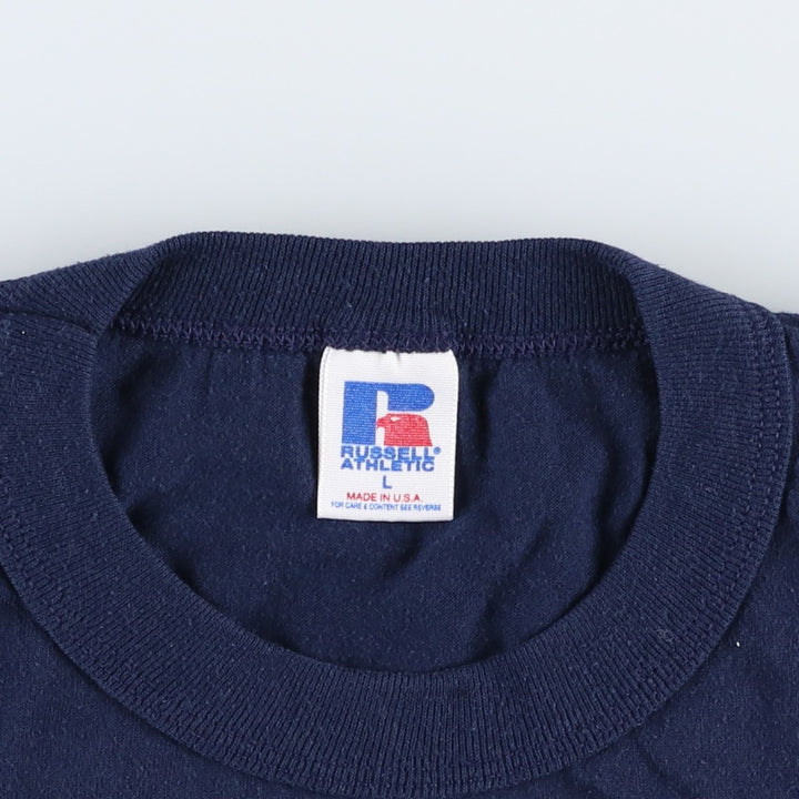 90'S Russell College T-shirt, Made in USA, Men's L size, Vintage polyester navy blue type Vintage Second Hand