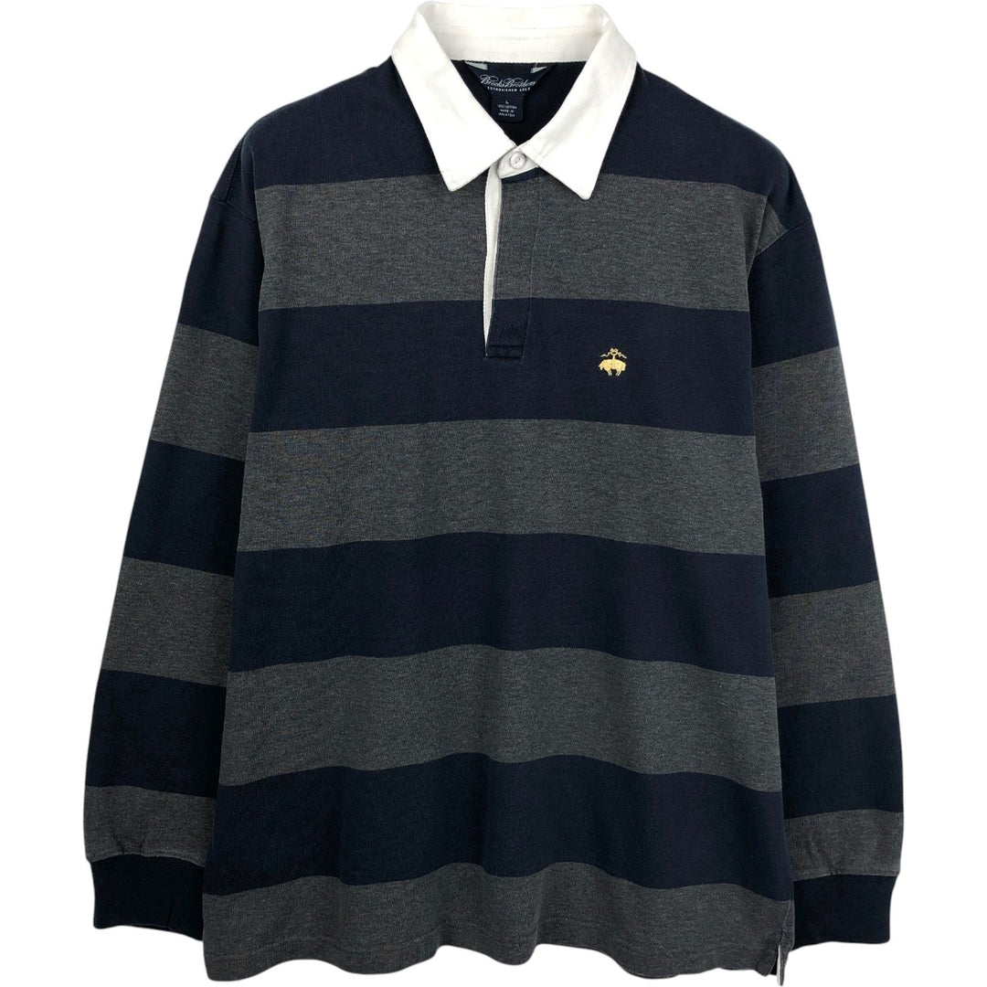Brooks Brothers 1818 Border Pattern Long-Sleeve Rugby Shirt, Men's Size L (approx.) cotton Charcoal Vintage Second Hand