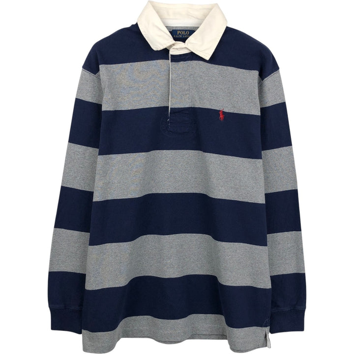 Ralph Lauren POLO RALPH LAUREN Striped Pattern Long Sleeve Rugby Shirt Men's Size L cotton gray type Vintage Second Hand