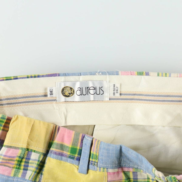 ~90'S Aureus Check Pattern Patchwork Slacks Pants Men's W32 (approx.) Vintage unclear yellow type Vintage Second Hand