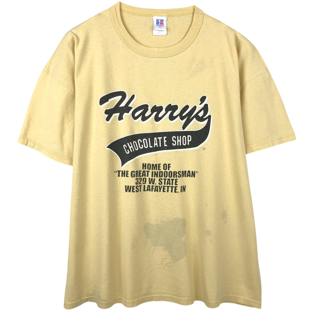 90'S Russell Harry's Chocolate Shop Advertising T-Shirt, Men's Size XL (Equivalent), Vintage cotton yellow type Vintage Second Hand