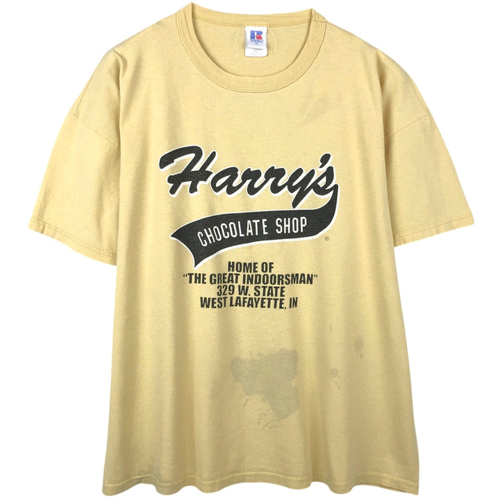 90'S Russell Harry's Chocolate Shop Advertising T-Shirt, Men's Size XL (Equivalent), Vintage cotton yellow type Vintage Second Hand