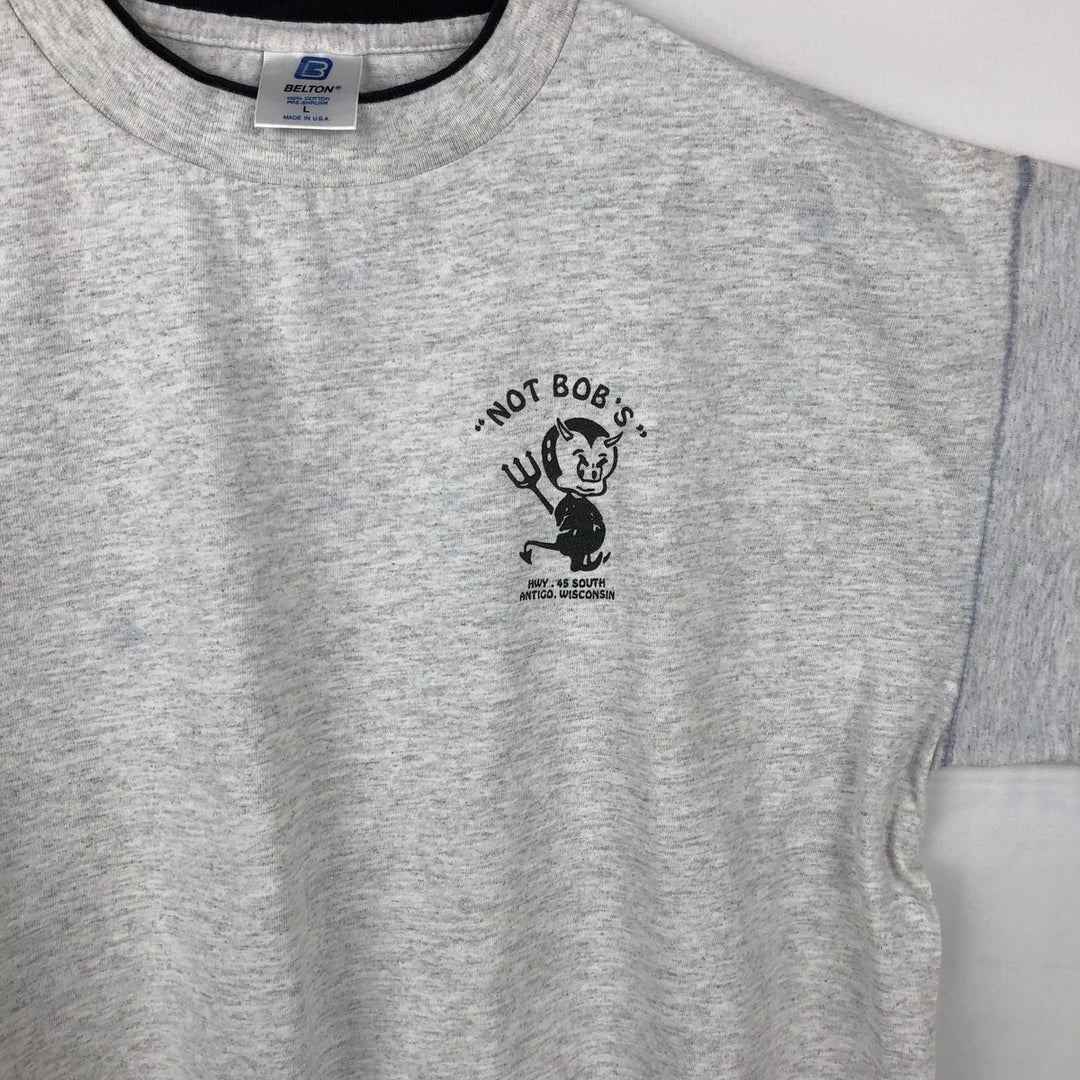 90'S BELTON NOT BOB'S advertising T-shirt, Made in USA, Men's size L equivalent, Vintage cotton gray type Vintage Second Hand