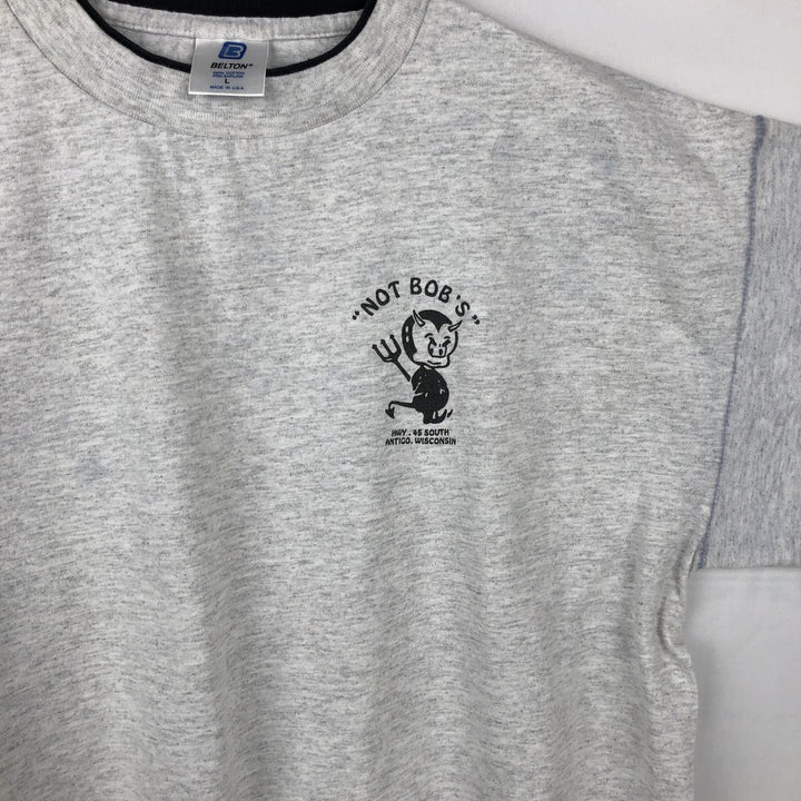 90'S BELTON NOT BOB'S advertising T-shirt, Made in USA, Men's size L equivalent, Vintage cotton gray type Vintage Second Hand