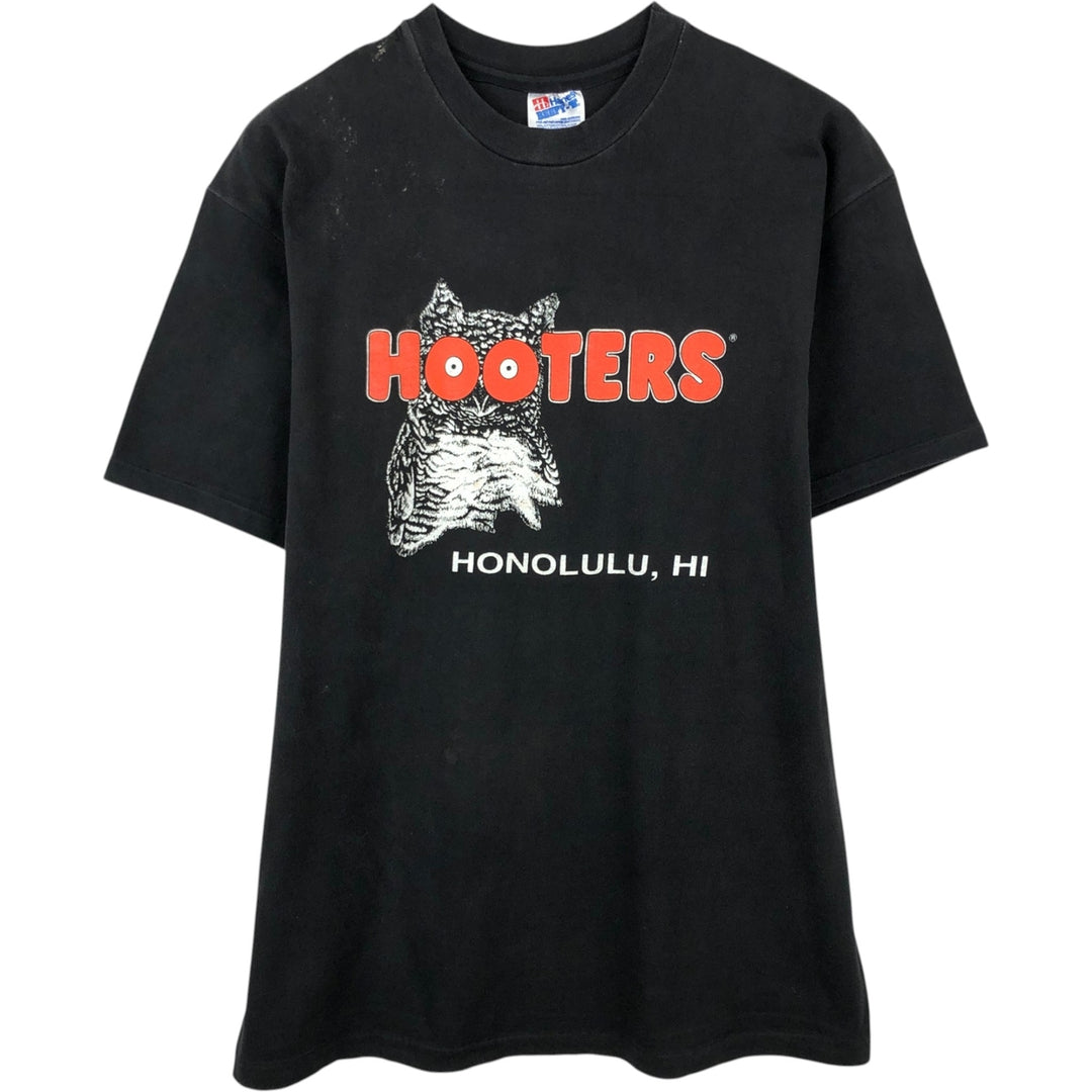 80'S Hanes BEEFY-T HOOTERS advertising T-shirt, Made in USA, Men's size L equivalent, Vintage cotton black type Vintage Second Hand