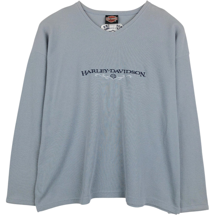 Harley-Davidson V-neck Motorcycle Thermal Long-Sleeve T-Shirt, Honeycomb Pattern, Made in USA, Men's Size XL (approx.) unclear Blue type light blue Vintage Second Hand